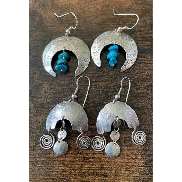 Jewelry - VNT 80’s  set of 2 Sterling Moon  Turquoise and Abstract Swirl Earrings Stamped